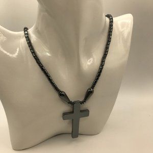Hematite Cross Necklace Unisex 16 inch Necklace with Hematite 2 in Cross NEW